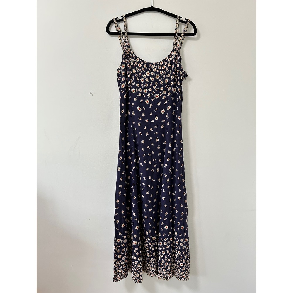Y2K Maggie Lawrence Daisy Print Midi Dress Women 12 Navy Blue Cottagecore Rayon